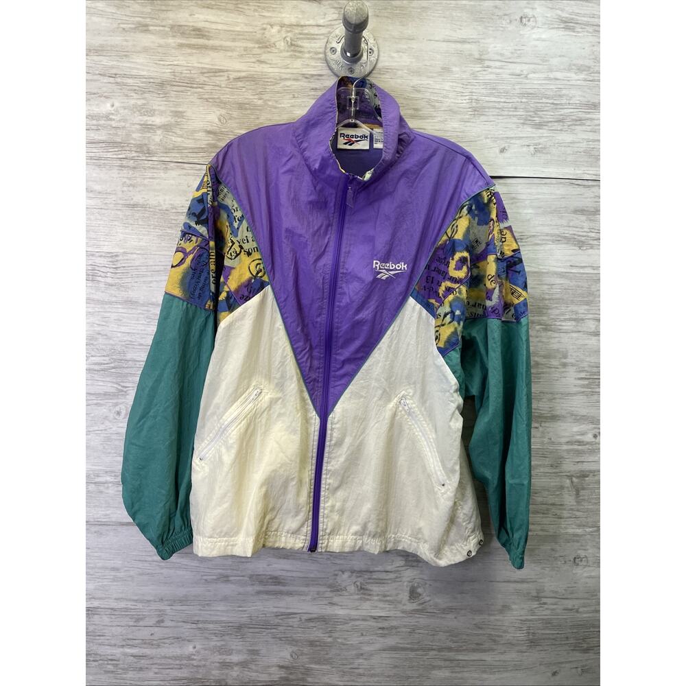 Vintage 90's Reebok Windbreaker Womens M Medium Zip Up Green Purple‎ White